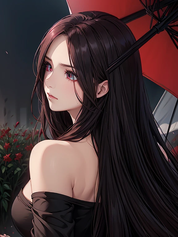 elegant woman in dark cloak, beautiful detailed eyes, extremely detailed face, long silver hair with flowers, one eye partially covered by hair, red flowers, wet hair, emotionless expression, looking back, nighttime, starfall, raining, foggy, red flowers falling, sketch, upper body, strong shadows