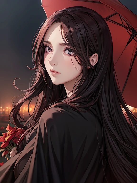 elegant woman in dark cloak, beautiful detailed eyes, extremely detailed face, long silver hair with flowers, one eye partially covered by hair, red flowers, wet hair, emotionless expression, looking back, nighttime, starfall, raining, foggy, red flowers falling, sketch, upper body, strong shadows