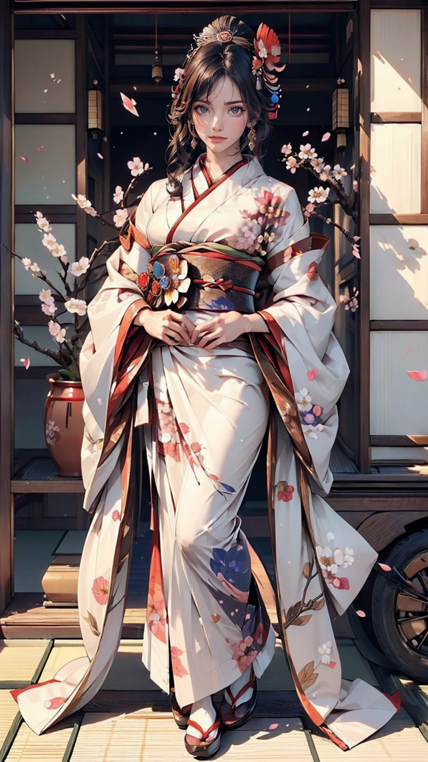 (((Full body angle:1.5)))、(((Beautiful posture full body photo)))、Takageta、White tabi、Anime Style、(((Takagetaで歩く芸者:1.5)))、(((Beautiful appearance)))、A woman in her 40s wearing a kimono with a beautiful flower hair ornament, Geisha Makeup, Portrait of a Geisha画, Geisha Makeup, Cute face、Thin eyebrows、Portrait of a Geisha, Beautiful geisha, Japanese Geisha, Glamorous and sexy geisha, Beautiful geishaの肖像画画, Portrait of a Geisha, Geisha hairstyle, remarkable Geisha Makeup