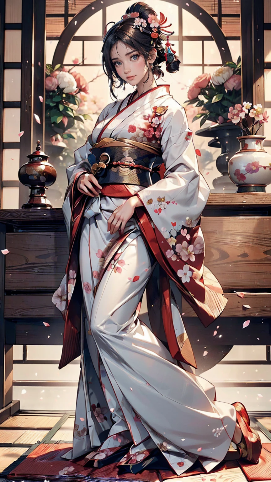 (((Full body angle:1.5)))、(((Beautiful posture full body photo)))、Takageta、White tabi、Anime Style、(((Takagetaで歩く芸者:1.5)))、(((Beautiful appearance)))、A woman in her 40s wearing a kimono with a beautiful flower hair ornament, Geisha Makeup, Portrait of a Geisha画, Geisha Makeup, Cute face、Thin eyebrows、Portrait of a Geisha, Beautiful geisha, Japanese Geisha, Glamorous and sexy geisha, Beautiful geishaの肖像画画, Portrait of a Geisha, Geisha hairstyle, remarkable Geisha Makeup