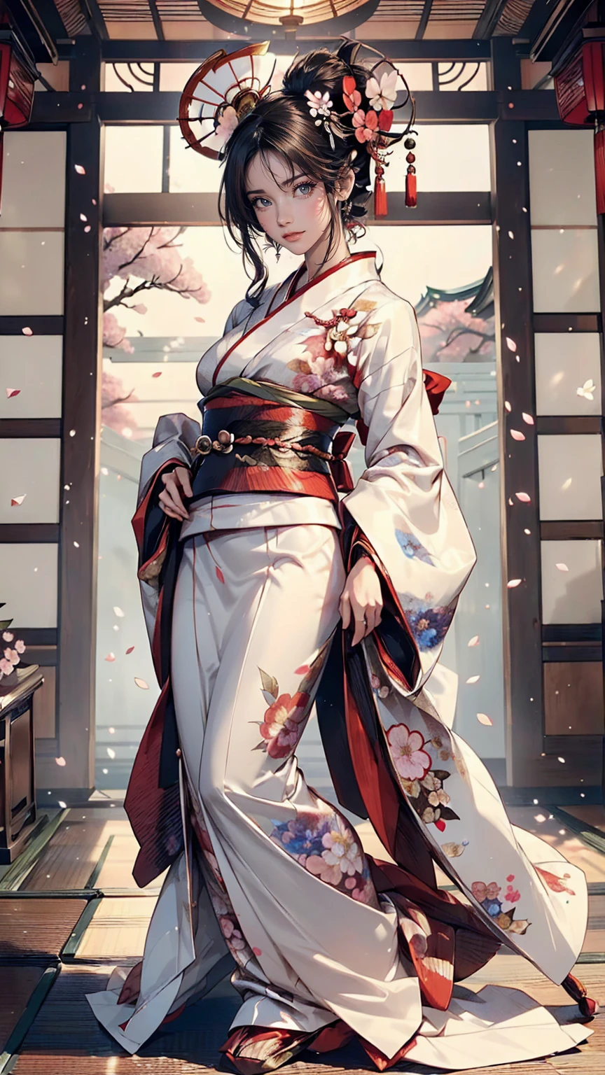 (((Full body angle:1.5)))、(((Beautiful posture full body photo)))、Takageta、White tabi、Anime Style、(((Takagetaで歩く芸者:1.5)))、(((Beautiful appearance)))、A woman in her 40s wearing a kimono with a beautiful flower hair ornament, Geisha Makeup, Portrait of a Geisha画, Geisha Makeup, Cute face、Thin eyebrows、Portrait of a Geisha, Beautiful geisha, Japanese Geisha, Glamorous and sexy geisha, Beautiful geishaの肖像画画, Portrait of a Geisha, Geisha hairstyle, remarkable Geisha Makeup