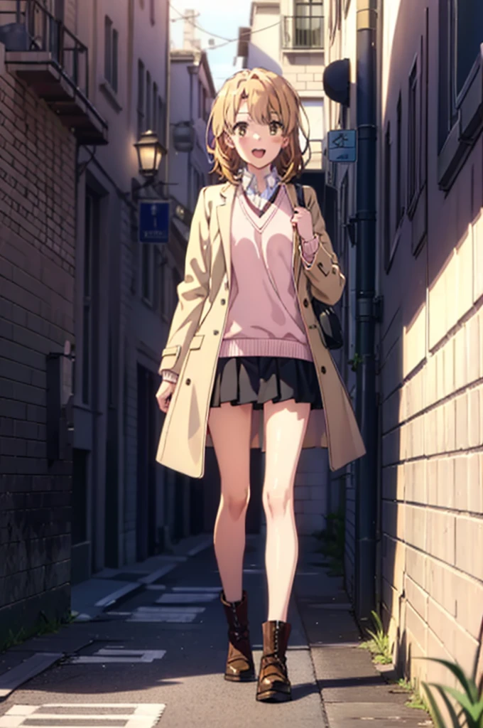 Irohaisshiki, isshiki iroha, short hair, Brown Hair, (Brown eyes:1.5), happy smile, smile, Open your mouth,blush,Pink oversized coat,V-neck shirt,mini skirt,Black pantyhose,short boots,Standing leaning against a wall,Hiding under a roof,rain,cloudy,Walking,whole bodyがイラストに入るように,
break outdoors, Building district,crowd, people々々,
break looking at viewer,whole body,
break (masterpiece:1.2), Highest quality, High resolution, unity 8k wallpaper, (figure:0.8), (Beautiful attention to detail:1.6), Highly detailed face, Perfect lighting, Highly detailed CG, (Perfect hands, Perfect Anatomy),