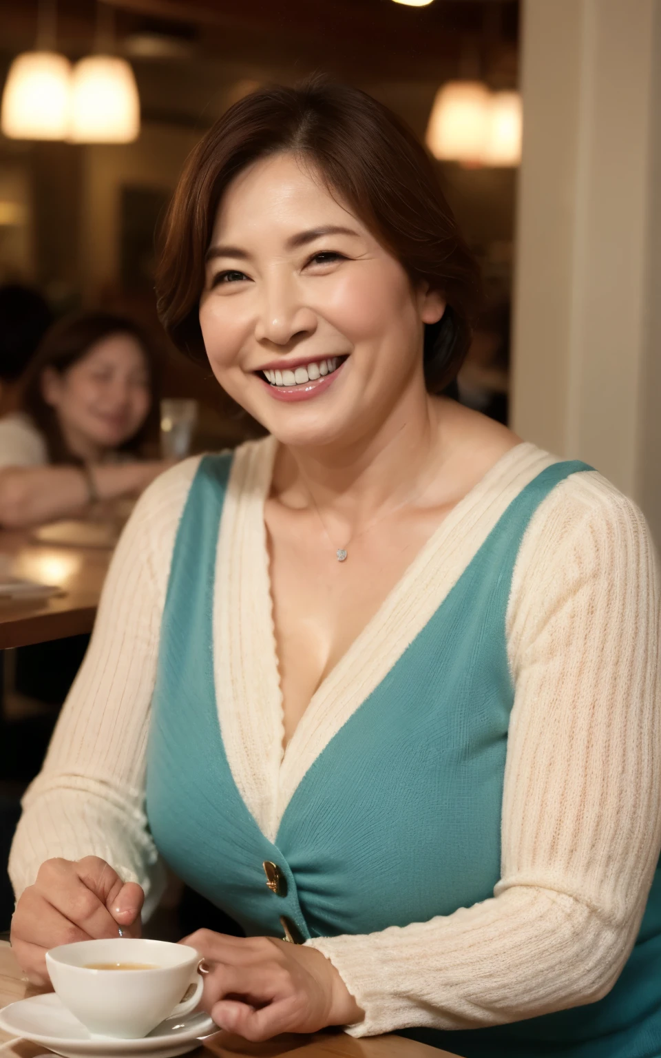 8k wallpaper, masterpiece, Highest quality, Super detailed, One Mature Woman, 50 years old, Become very clear, Wearing a short-sleeved knit, Skin dents, Captivating smile, Looking at the audience, Cleavage, plump, Curvaceous, Fascinating face, Smiling with teeth showing, I was happy, Sitting in a cafe, Background Blur