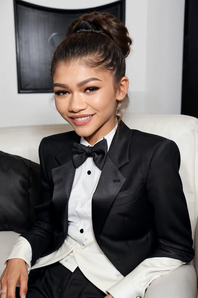 Zendaya is sitting on a couch in a dark room. She is wearing a tuxedo with a (white shirt). (Her bow tie is black) (Her pants are black). She is smiling and laughing. (Her jacket is open) (Her cufflinks are black). Her hair is shoulder length. 