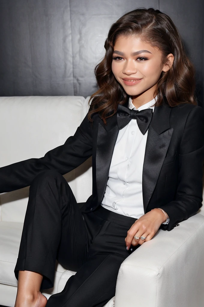 Zendaya is sitting on a couch in a dark room. She is wearing a tuxedo with a (white shirt). (Her bow tie is black) (Her pants are black). She is smiling and laughing. (Her jacket is open) (Her cufflinks are black). Her hair is shoulder length. 