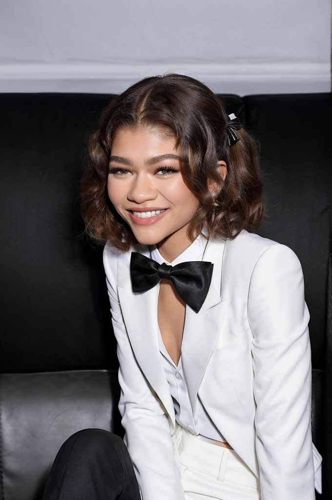 Zendaya is sitting on a couch in a dark room. She is wearing a tuxedo with a (white shirt). (Her bow tie is black) (Her pants are black). She is smiling and laughing. (Her jacket is open) (Her cufflinks are black). Her hair is shoulder length.