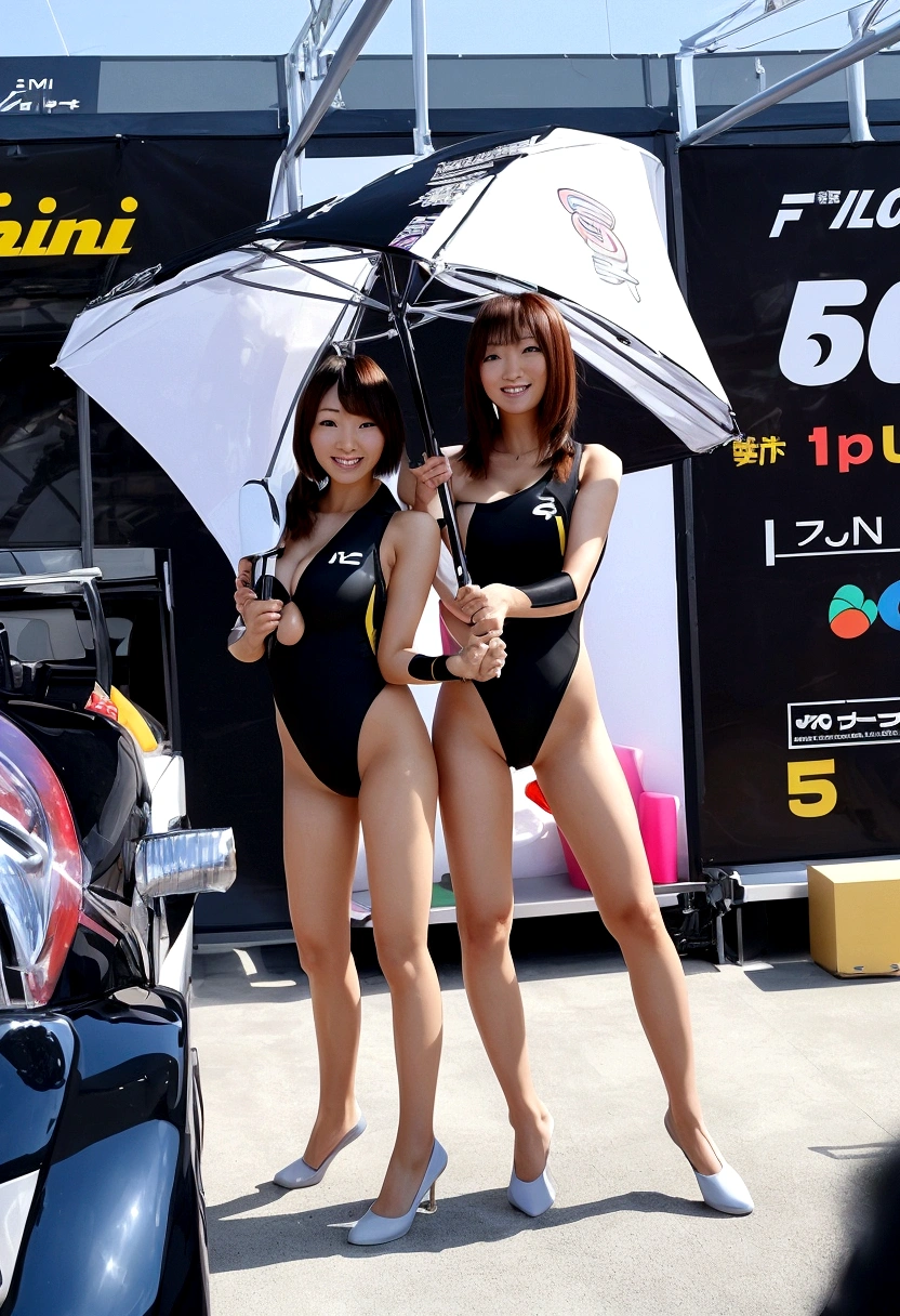 Short hair, 30-year-old Japanese woman、Big Breasts、Super High Leg Competitive Swimsuit Black、Black Stockings、 3d、Raising both arms