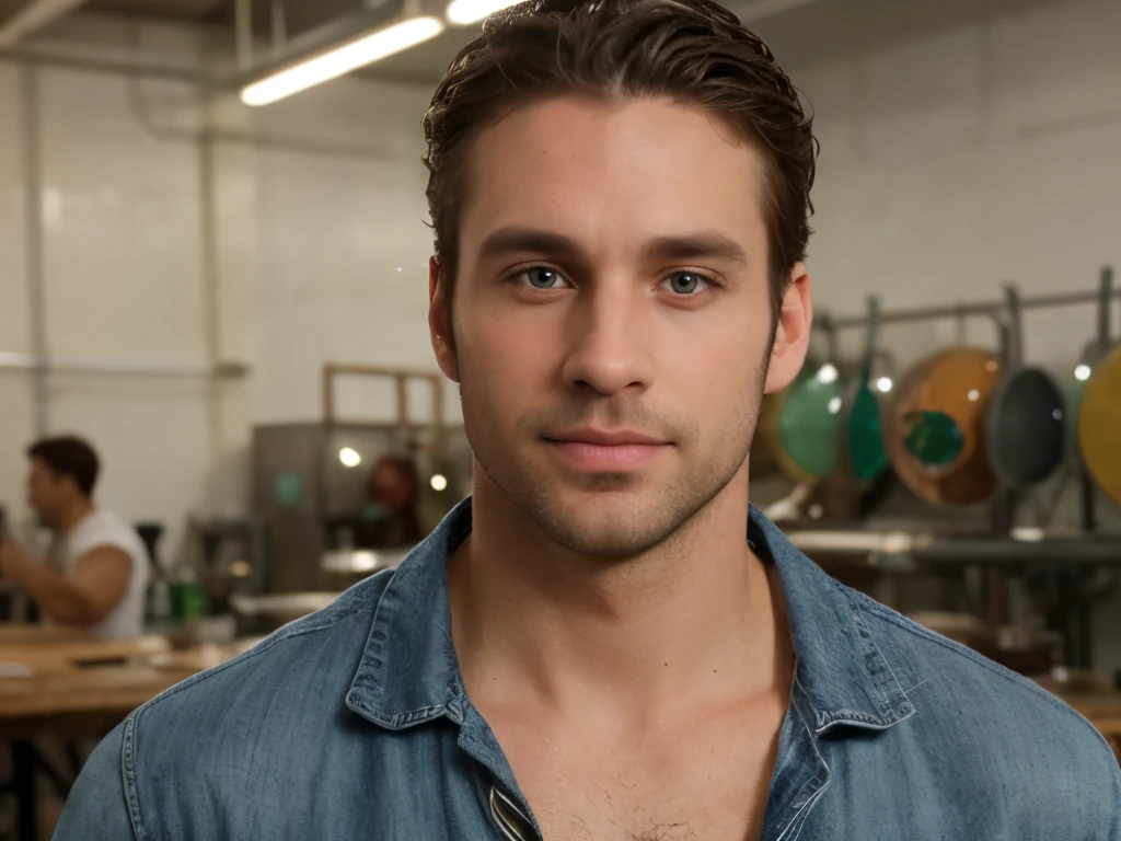(((zoom out, full body, handsome 35 year old desirable caucasian man with distinguished features, touring a Murano glass factory))), (light brown medium length hair, cropped sides, clean shaved face, intriguing green eyes), (gray v-neck shirt, blue jeans, sneakers), athletic build, strong, seductive smile with gentle expression, detailed depiction of facial features, perfectly symmetrical face, bright overhead lighting masterfully accentuates his excellent features