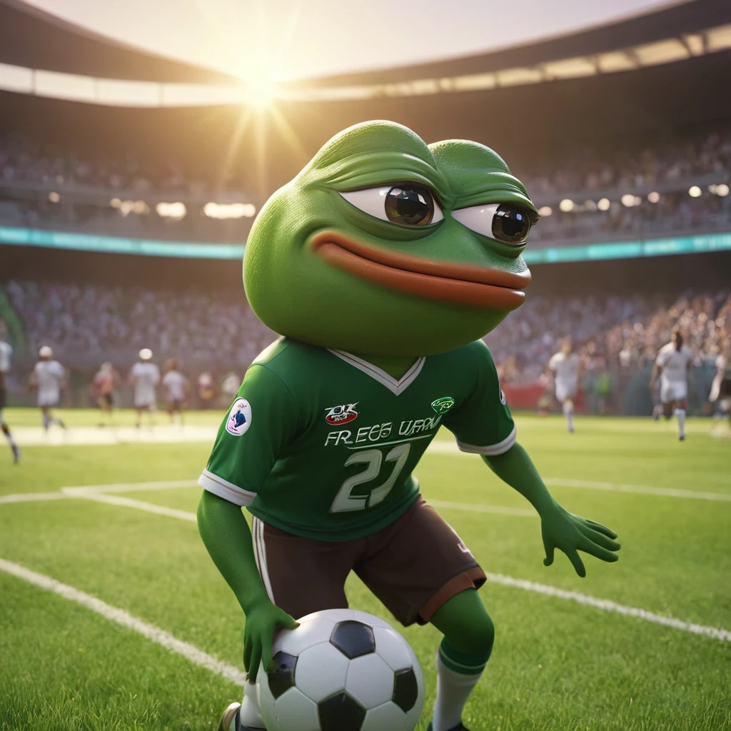 A Pepe the frog character, detailed features, cute and playful expression, playing football with a team, field with green grass, action pose kicking the ball, teammates cheering, sun shining, vibrant colors, dynamic movement, (best quality,4k,8k,highres,masterpiece:1.2),ultra-detailed,(realistic,photorealistic,photo-realistic:1.37),3D render,cinematic lighting,professional sports illustration