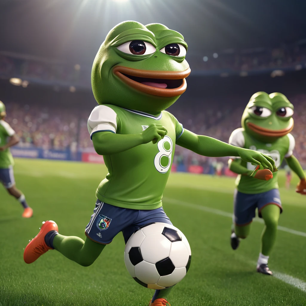 A Pepe the frog character, detailed features, cute and playful expression, playing football with a team, field with green grass, action pose kicking the ball, teammates cheering, sun shining, vibrant colors, dynamic movement, (best quality,4k,8k,highres,masterpiece:1.2),ultra-detailed,(realistic,photorealistic,photo-realistic:1.37),3D render,cinematic lighting,professional sports illustration