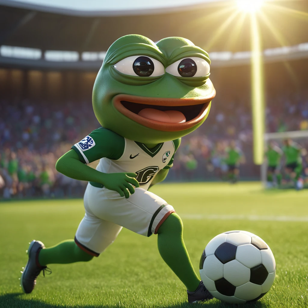 A Pepe the frog character, detailed features, cute and playful expression, playing football with a team, field with green grass, action pose kicking the ball, teammates cheering, sun shining, vibrant colors, dynamic movement, (best quality,4k,8k,highres,masterpiece:1.2),ultra-detailed,(realistic,photorealistic,photo-realistic:1.37),3D render,cinematic lighting,professional sports illustration