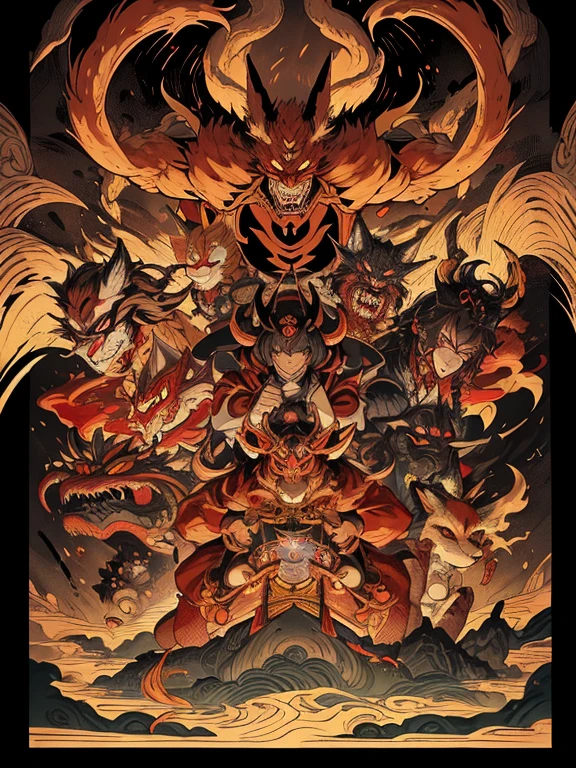 pandemonium, group of yokai, group of oni, giant snake, (fox), centipede, spider, demon, oni, tengu, The picture is painted in the style of a Japanese ink painting, (dynamic angle)