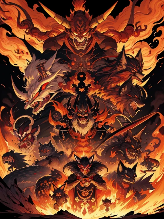 pandemonium, group of yokai, group of oni, demon, oni, tengu, The picture is painted in the style of a Japanese ink painting, (Side angle)