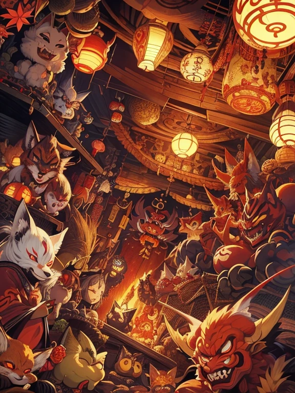 pandemonium, group of yokai, group of oni, giant snake, (fox), centipede, spider, demon, oni, tengu, The picture is painted in the style of a Japanese ink painting, (dynamic angle)