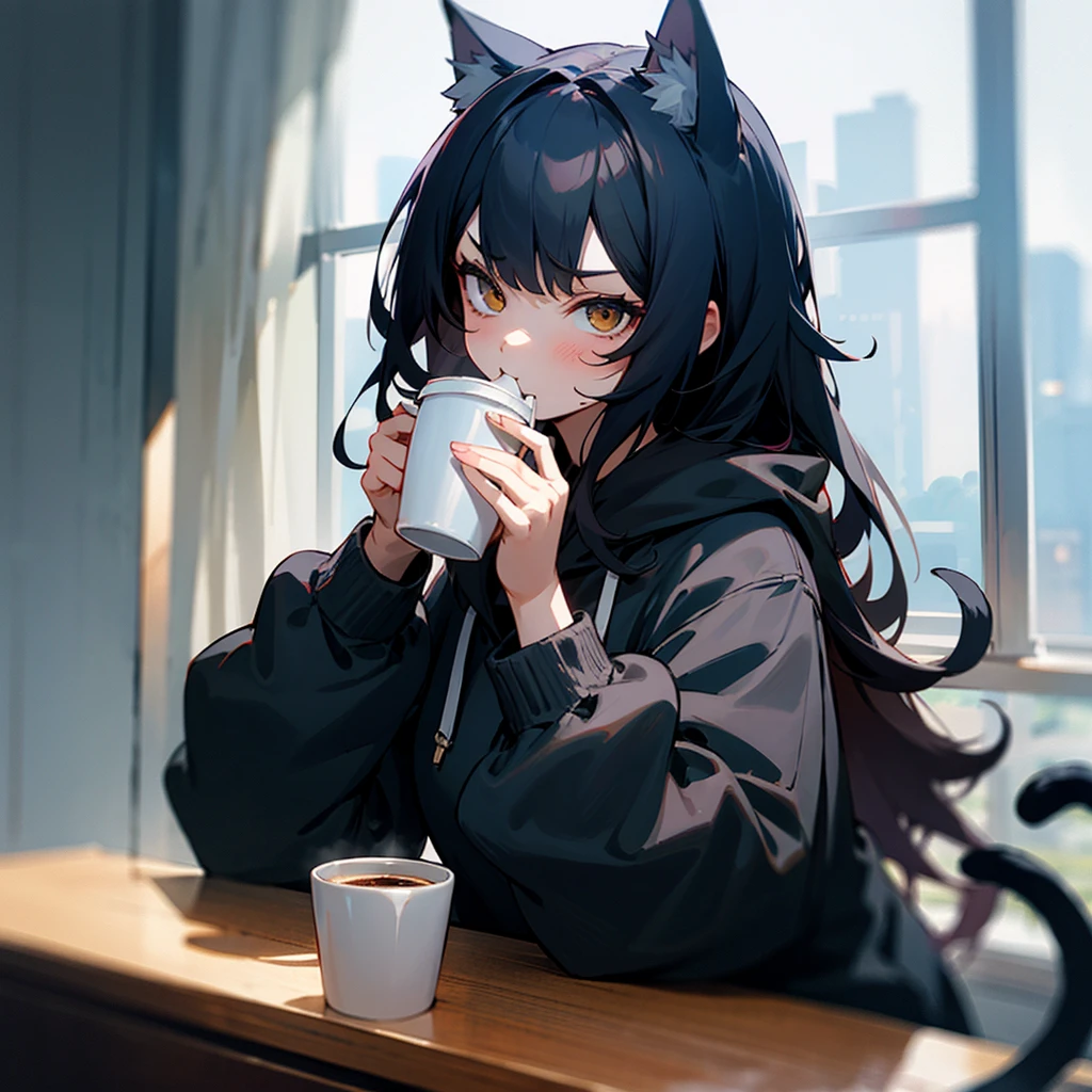1 girl, black hoodie, long hair, beautiful face, cool, intimidation, black hair, drinking coffee, window, cat girl