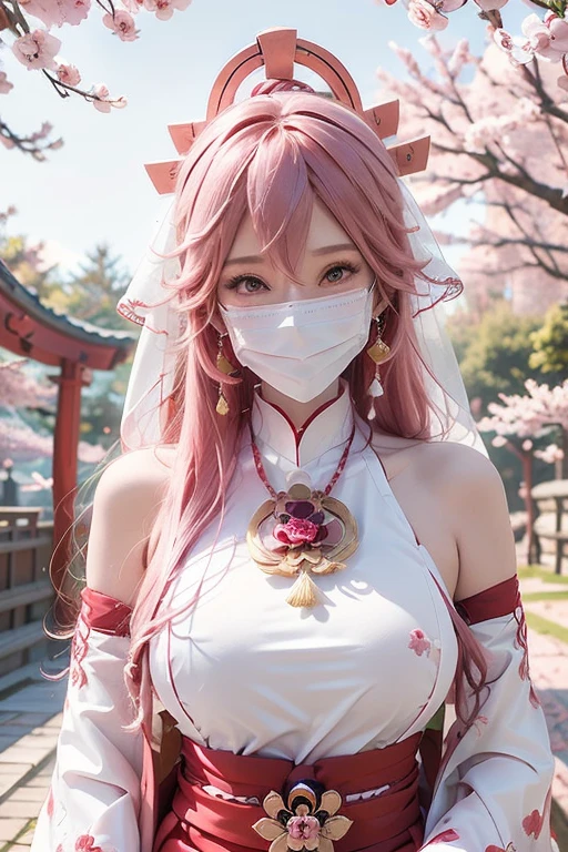 pink hair,masterpiece,extremely detailed,CG,2k wallpaper,Amazing,finely detail,extremely detailed CG unity 8k wallpaper,huge filesize,ultra-detailed,shenzi,1 girl,cosplay,Yaeko Nogi (Tokyo 7th Sisters),bright smile,confident eyes,(long flowing hair:1.1),traditional shrine maiden outfit,red and white colors,tied-up hair,red ribbon,wearing face veil, (white face veil, silk mask veil:1.2),cherry blossom petals,torii gate background,holding a sacred staff,elegant posture,focused expression,outdoor shrine setting.,