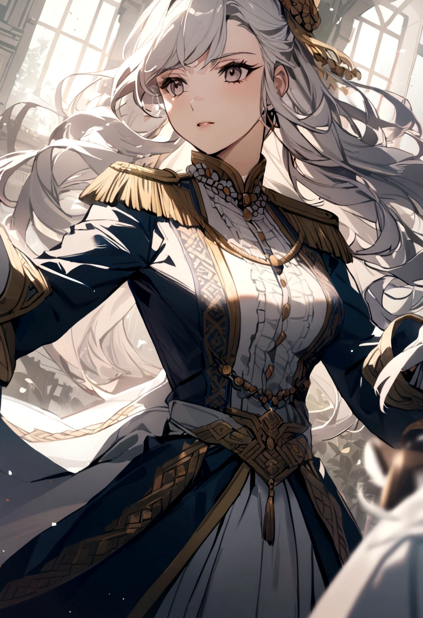 1girl, long hair, noble clothes, military uniform, white gloves,
