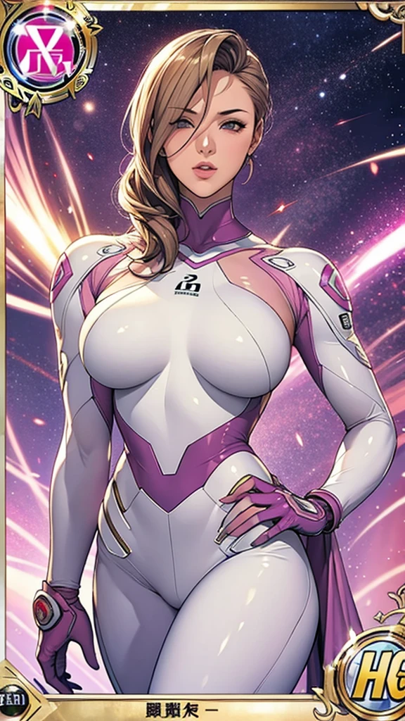 (masterpiece:1.2, Highest quality),(Very detailed),8K,wallpaper,1 female,Mature Woman,48 years old,sentai heroine pink,Muscular,((White metallic squadron suit)),(((Better Hands))),((The background is Galaxy Flash)),Random hairstyle,Random Pause,(((Beautiful female hands,detailed drawing of a hand))),cyber punk,((Beautiful trading cards,gold framed))