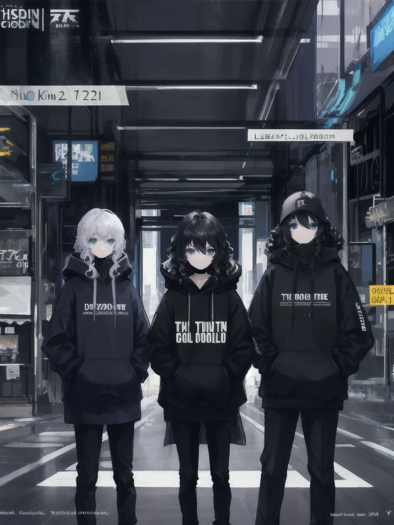 Titulo "DYSTOPIC WORLD" written below the title December 29, 2024. 1 boy with sweatshirt and cyber mask, 3 girls with black hoodies and black pants with rgb lines all with curly hair, city sci-fi, movie cover