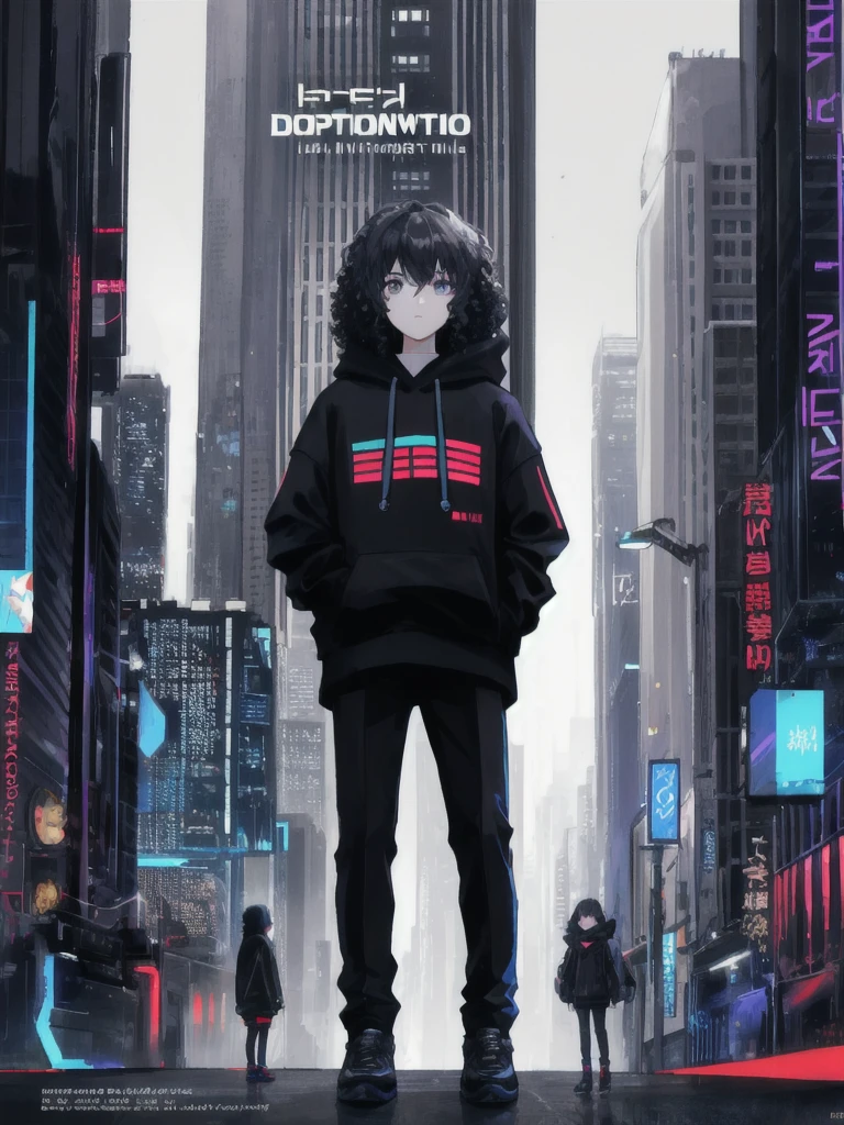 Titulo "DYSTOPIC WORLD" written below the title December 29, 2024. 1 boy with sweatshirt and cyber mask, 3 girls with black hoodies and black pants with rgb lines all with curly hair, city sci-fi, movie cover