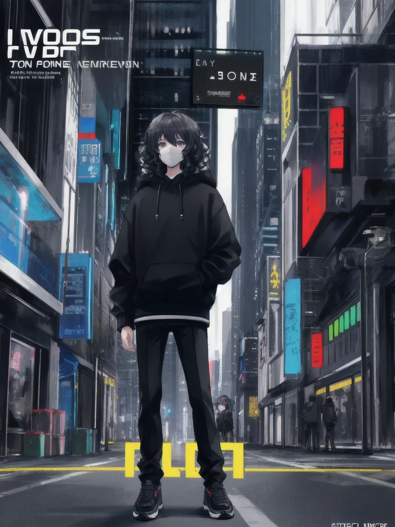 Titulo "DYSTOPIC WORLD" written below the title December 29, 2024. 1 boy with sweatshirt and cyber mask, 3 girls with black hoodies and black pants with rgb lines all with curly hair, city sci-fi, movie cover