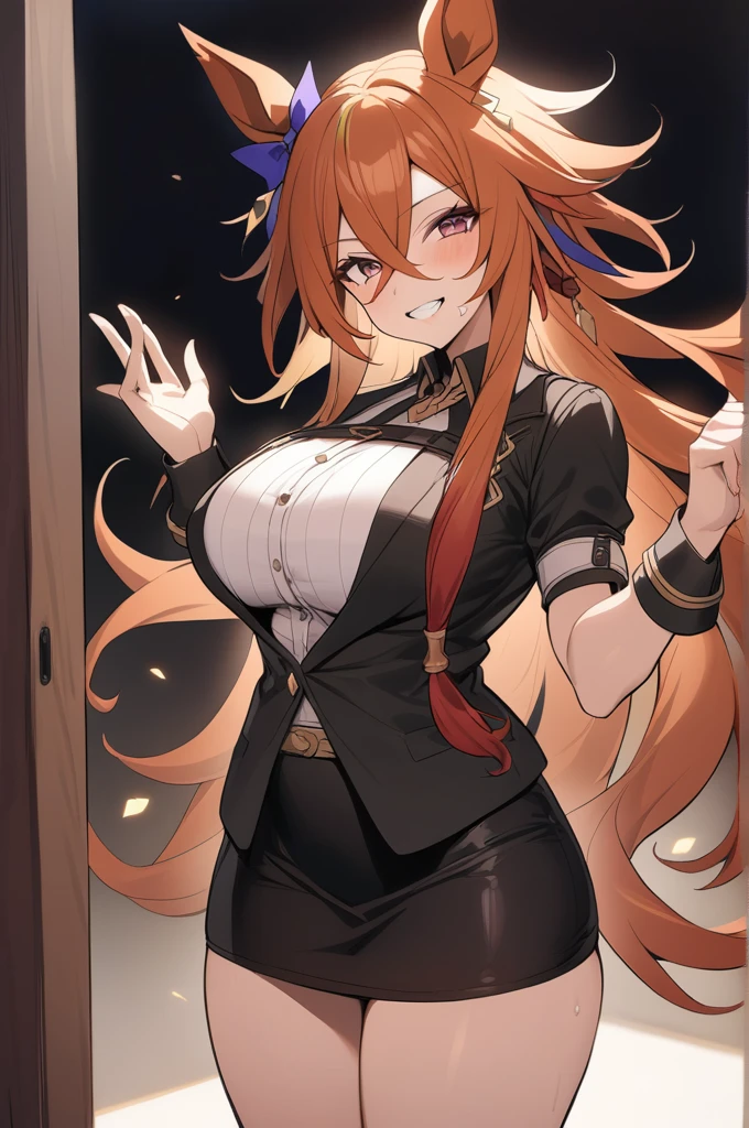 ,1 personの女の子,smile, View your viewers,masterpiece,Highest quality,masterpiece, Highest quality, 1 person,( Are standing, View your audience,),Detailed Background、A person who writes in detail、Accurate human body、Knowledgeable person、Accurate 5 fingers,Cruby Body,((Large Breasts)),orfevre \(umamusume\),black short skirt