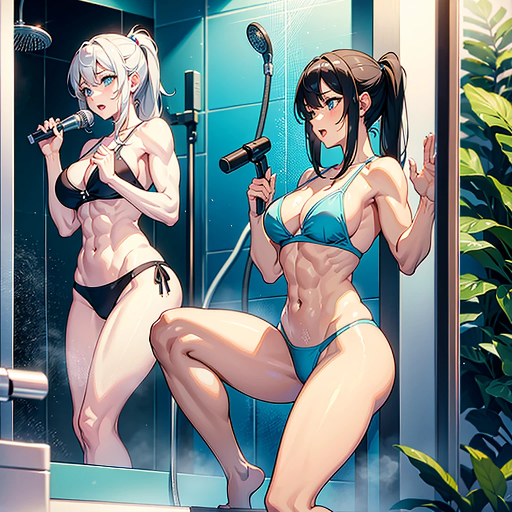 A very y muscular girl taking a shower while singing