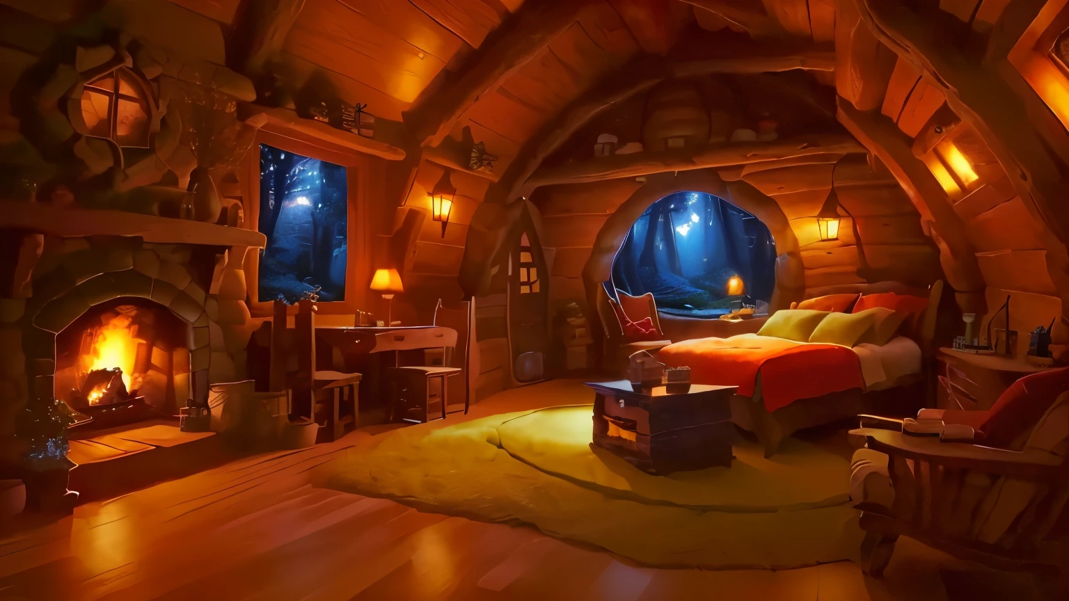 airy room with fireplace and a bed, cozy room, cozy envirnment, in your hobbit house, inside a hobbit hole, cozy envirnment e tranquilo, cozy place, Room at Ghibli Studio, fourth style RPG creator, personal room background, magical atmosphere, cozy treehouse bedroom, thomas kinkade. cute cozy room, in a cabin, cozy and calm