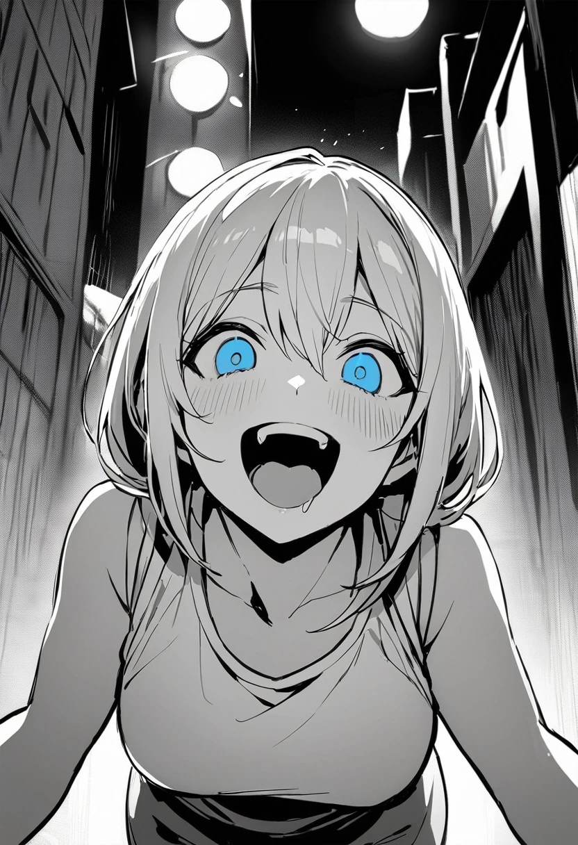 (masterpiece:1.2)、Highest quality、Pixiv、Rebellious girl、One Girl、Open your mouth、鋭いteeth、teeth、length Hair、Street background、Bright Blue Eyes、Upper Body、smile、Focus on your audience、Central chest、Shoulder Bare、belly button、Black and white hair color,Leaning forward,Night view,black and white grey outfit,Overflowing drool、saliva、White Breath、Haa,Draw your mouth with your finger、Excited expression、length, Narrow eyes,Fallacy,Monochrome