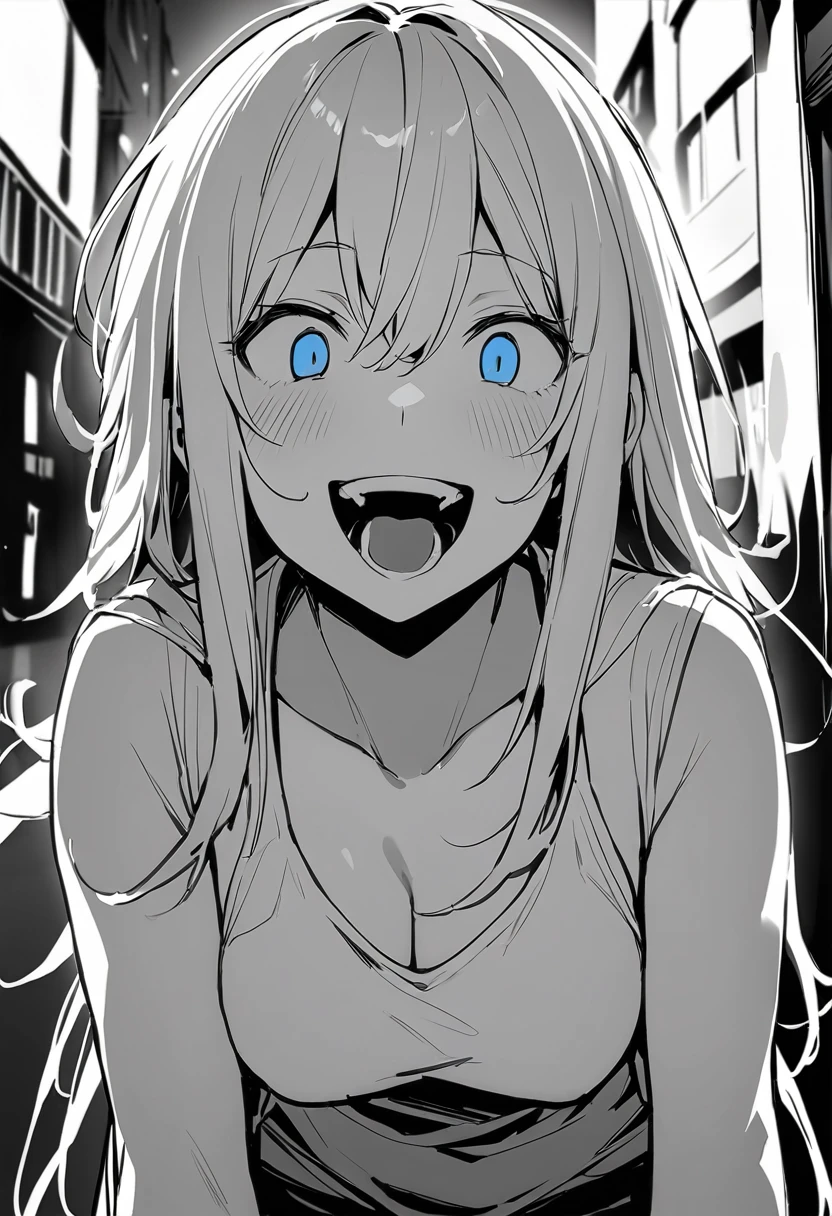 (masterpiece:1.2)、Highest quality、Pixiv、Rebellious girl、One Girl、Open your mouth、鋭いteeth、teeth、length Hair、Street background、Bright Blue Eyes、Upper Body、smile、Focus on your audience、Central chest、Shoulder Bare、belly button、Black and white hair color,Leaning forward,Night view,black and white grey outfit,Overflowing drool、saliva、White Breath、Haa,Draw your mouth with your finger、Excited expression、length, Narrow eyes,Fallacy,Monochrome