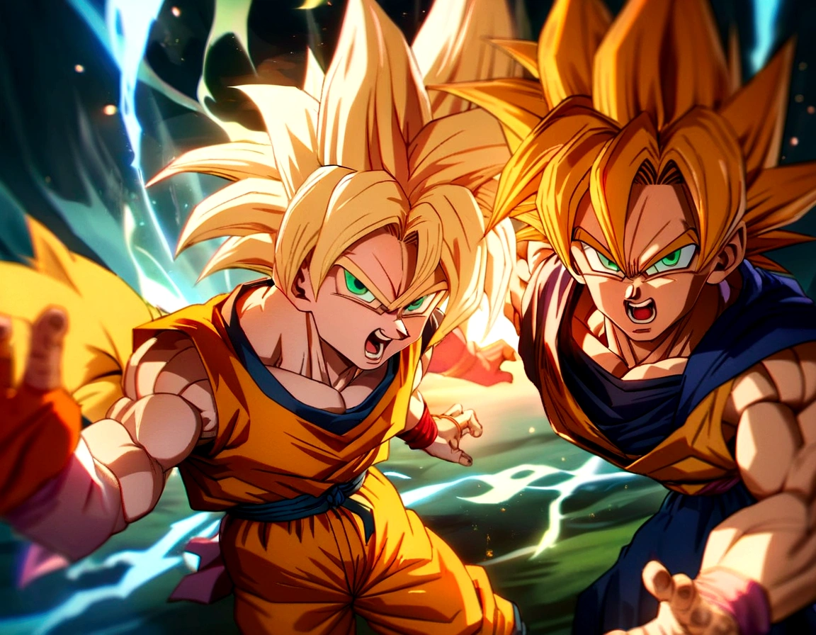 Create an image of Goku transformed into Super Saiyan 3, with green eyes, from the anime Dragon Ball Z