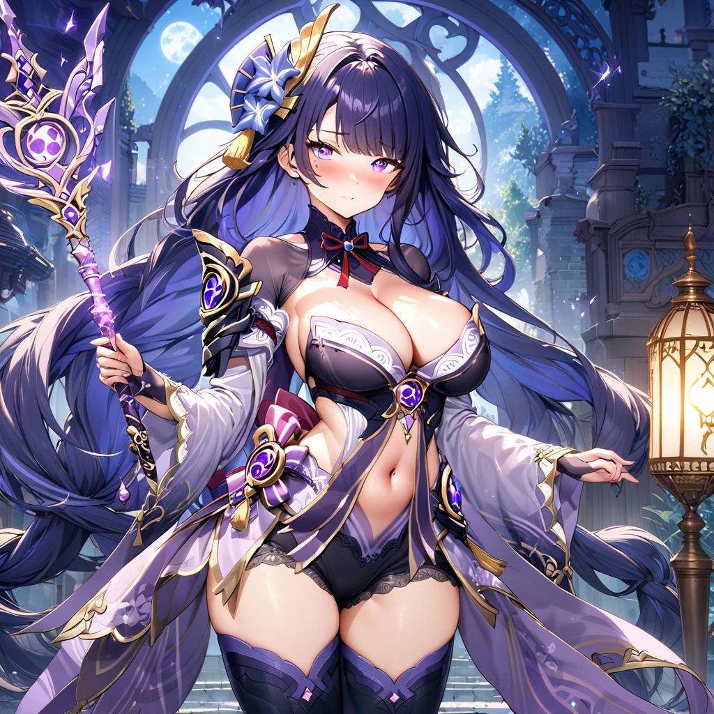 masterpiece), best quality, expressive eyes, perfect face,1girl,raiden shogun,genshin impact,japanese garden,lightning in the air,(purple magic wand),holding,holding wand,shy smile,blush,cowboy shot,glowing eyes,big breasts,cleavage,bare shoulder,(magical girl:1.6),(harem outfit),navel,long pelvic curtain,detached sleeves,thighhigh stockings,studio lighting,(sparkle:0.9),(glitter:0.9),alternative costume