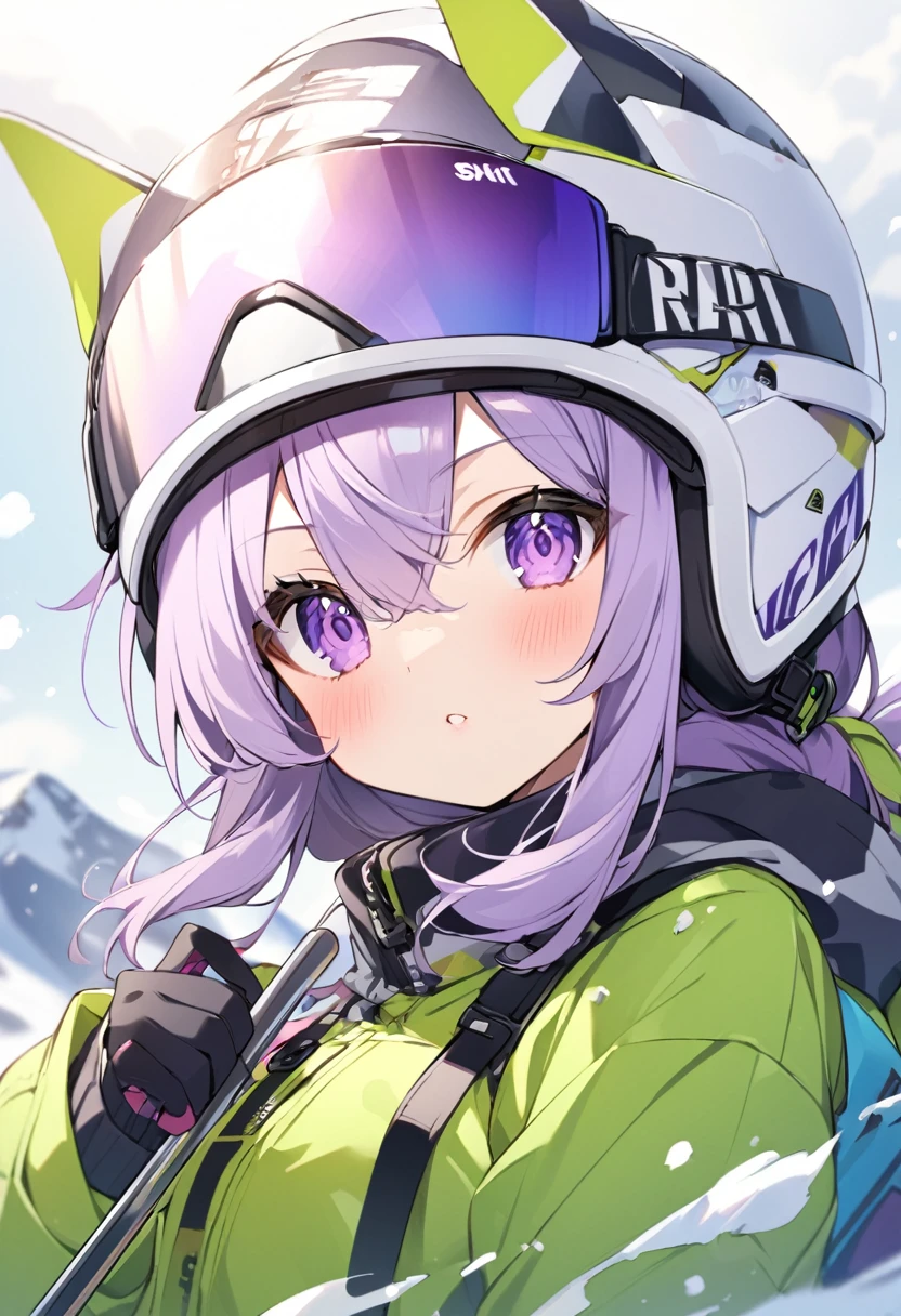 Keito。Purple Eyes。female。Purple Hair。Helmet。Ski