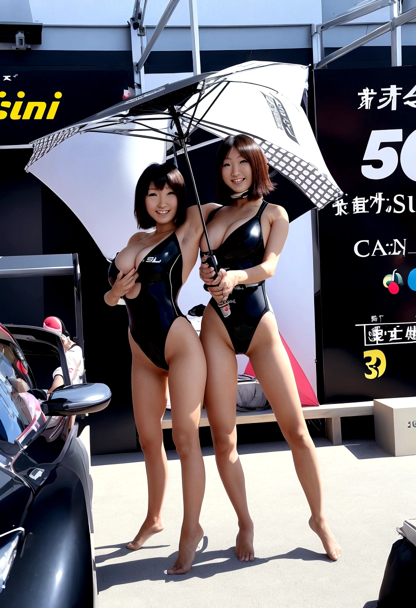 Short hair, 30-year-old Japanese woman、Big Breasts、Super High Leg Competitive Swimsuit Black、Black Stockings、 3d、Raising both arms