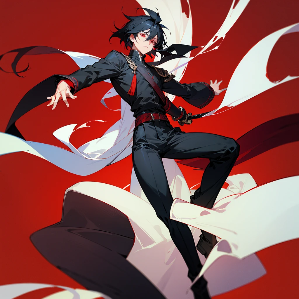 create a male anime character, 1.85 with a strong physical body and with a sword in the sheath, his clothes are just black pants and boots, he has crimson red eyes and black hair. (make a simple red background)