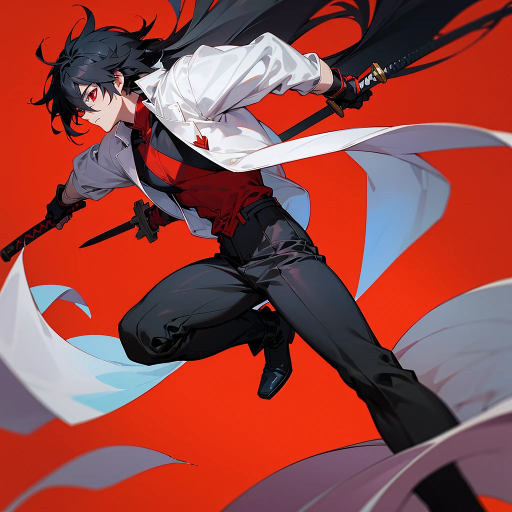 create a male anime character, 1.85 with a strong physical body and with a sword in the sheath, his clothes are just black pants and boots, he has crimson red eyes and black hair. (make a simple red background)