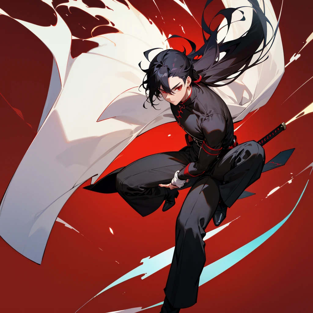 create a male anime character, 1.85 with a strong physical body and with a sword in the sheath, his clothes are just black pants and boots, he has crimson red eyes and black hair. (make a simple red background)