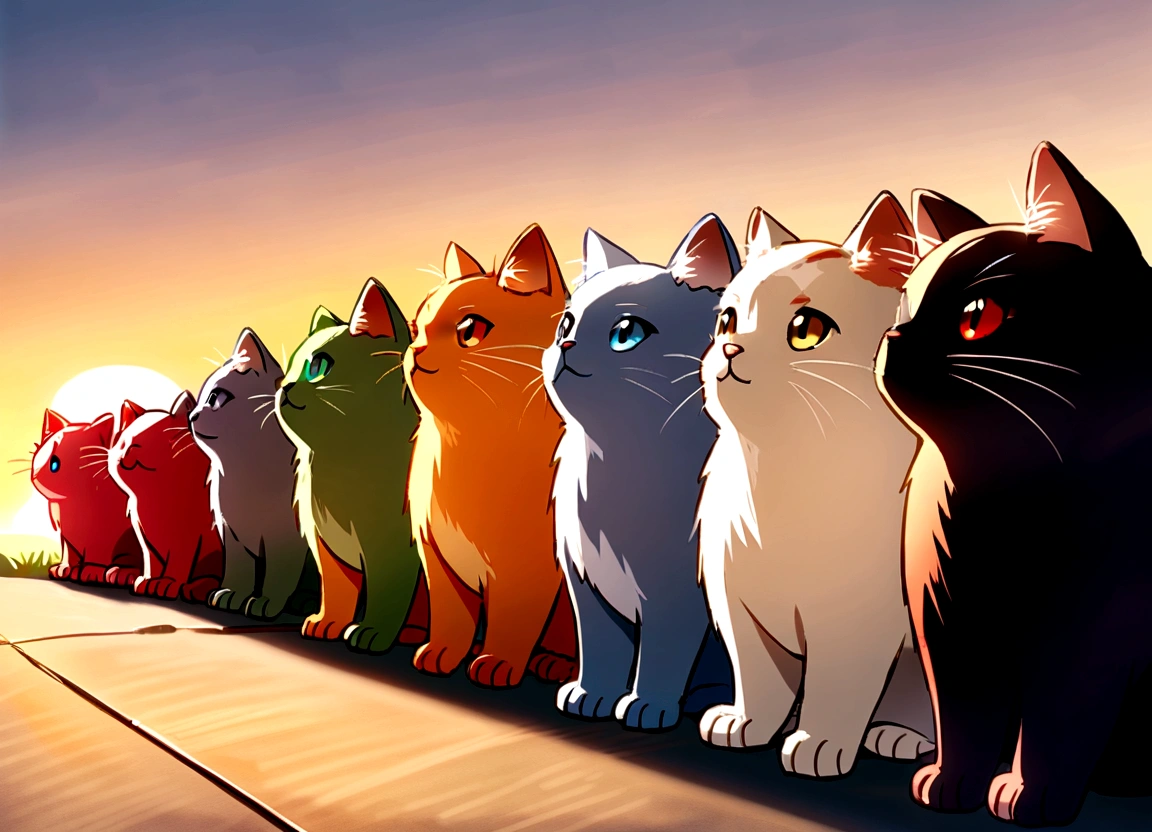 With the sunset as a background、Several cute kittens of different colors are lined up,