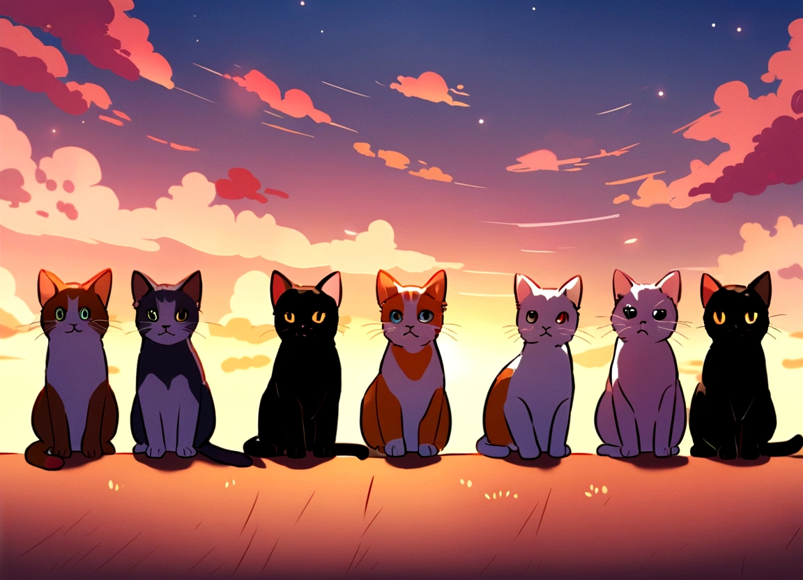 With the sunset as a background、Several cute kittens of different colors are lined up,