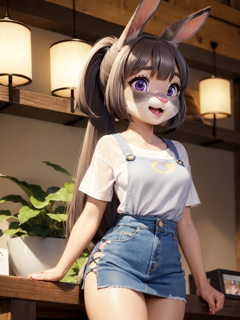 Highest quality,
masterpiece,
Ultra-realistic,
Super detailed,
Beautiful details,
4K,8K,upper,
Photo realistic,
medium Shot,
((Background is Forest)),
Realistic lighting,
((Anthropomorphic cat)),
((woman body)),
((7heads tall)),
Detailed animals,
Complex patterns,
(Furry:1.35),
(All skin is grey:1.3),
(The body is fluffy and bushy:1.3),
Realistic fur,
Human hand,
(((Judy Hopps face))),
((Aoki Reika facial expression)),
((ponytail)),
((see-through bangs)), bangs,
((dark brown hair color)),
Purple eyes,
{Eye highlights, Clear eyes, Eyes sparkling, round pupils},
Detailed Iris,
(Eyebrows raised:1.2),
(Crescent eyebrows:1.3),
(cat ears:1.3),
raised corners of mouth,
The lady is wearing a T-shirt and an apron, jeans underneath,
((White T-shirt)) BREAK ((dark brown apron)) BREAK ((cyan jeans)),
(solo:1.5),
(1girl:1.5),
Only 1 character,
Perfect Anatomy,
Lighting front,
Lighting forward,
Intricate details,
Ray Tracing,
Realistic,