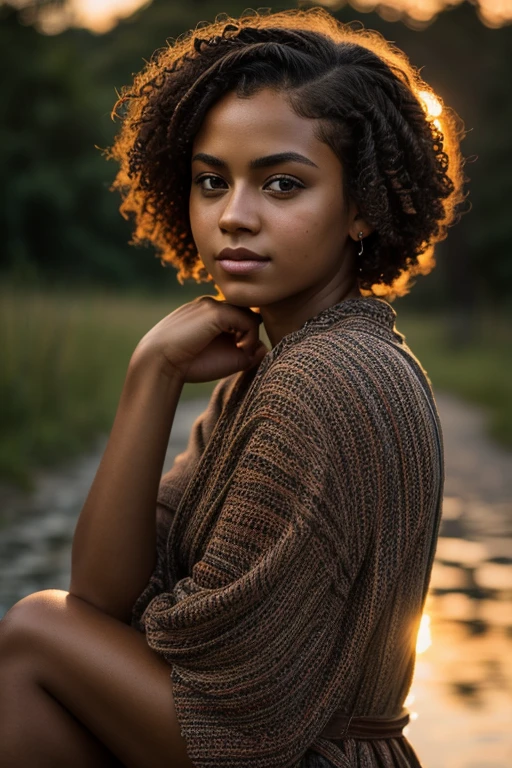 melancholic portrait of a beatiful young woman. short curly hair, maybe braids. sunset, natural hair, detailed skin, camera dof, f1.2