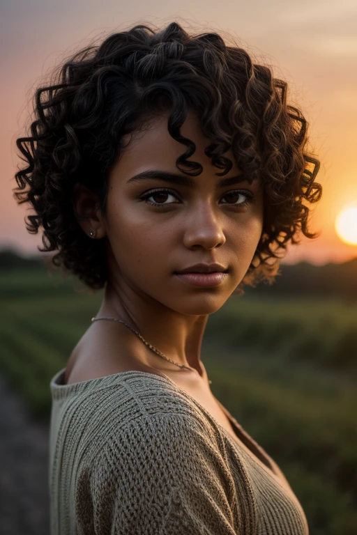 melancholic portrait of a beatiful young woman. short curly hair, maybe braids. sunset, natural hair, detailed skin, camera dof, f1.2