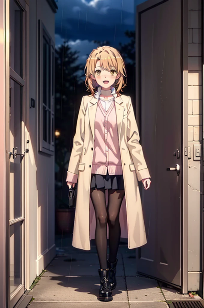 Irohaisshiki, isshiki iroha, short hair, Brown Hair, (Brown eyes:1.5), happy smile, smile, Open your mouth,blush,Pink oversized coat,V-neck shirt,mini skirt,Black pantyhose,short boots,Leaning against the wall,Hiding under a roof,rain,cloudy,Walking,whole bodyがイラストに入るように,
break outdoors, Building district,
break looking at viewer,whole body,
break (masterpiece:1.2), Highest quality, High resolution, unity 8k wallpaper, (figure:0.8), (Beautiful attention to detail:1.6), Highly detailed face, Perfect lighting, Highly detailed CG, (Perfect hands, Perfect Anatomy),