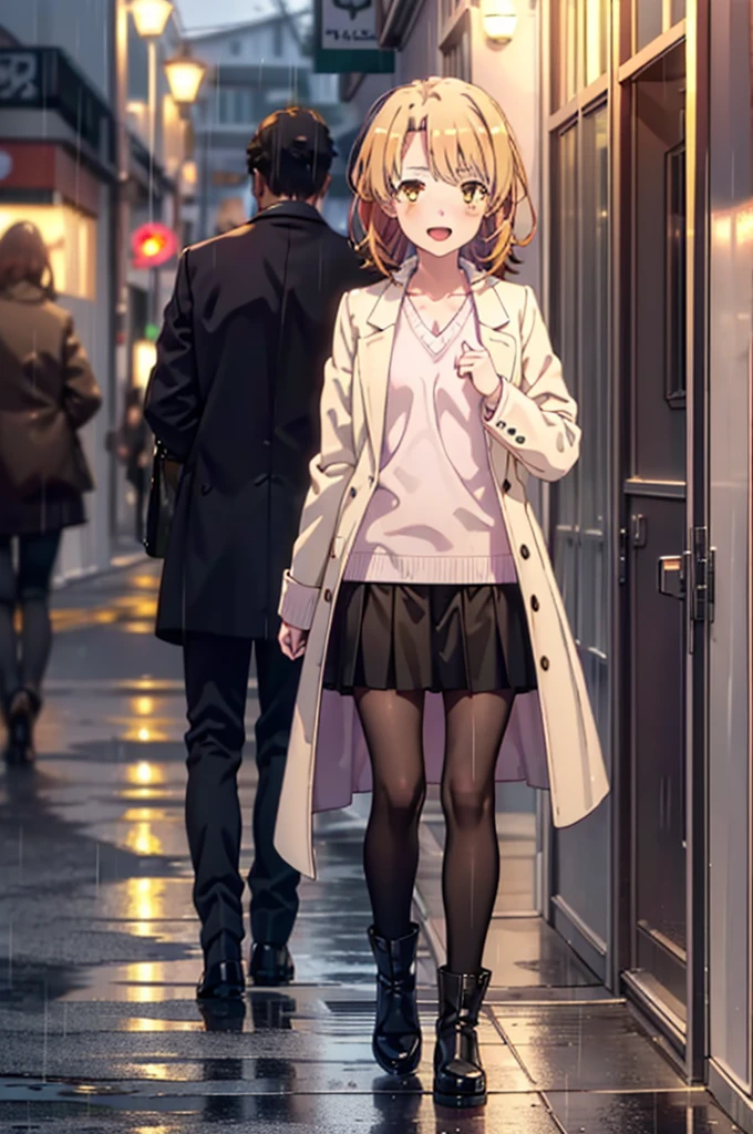 Irohaisshiki, isshiki iroha, short hair, Brown Hair, (Brown eyes:1.5), happy smile, smile, Open your mouth,blush,Pink oversized coat,V-neck shirt,mini skirt,Black pantyhose,short boots,Leaning against the wall,Hiding under a roof,rain,cloudy,Walking,whole bodyがイラストに入るように,
break outdoors, Building district,
break looking at viewer,whole body,
break (masterpiece:1.2), Highest quality, High resolution, unity 8k wallpaper, (figure:0.8), (Beautiful attention to detail:1.6), Highly detailed face, Perfect lighting, Highly detailed CG, (Perfect hands, Perfect Anatomy),