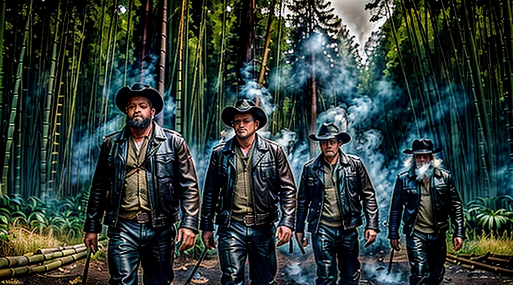 The Captain of the Forest -- closed leather jacket, long pants and hunter's boots, with a straw hat, he is wounded and is carried on the shoulders of men = one on the left side, the other on the right side - - a lot of smoke - he is carried by two henchmen - a lot of smoke - the captain of the forest carried by henchmen gets up from the ground - leaving the forest in the background a bamboo grove