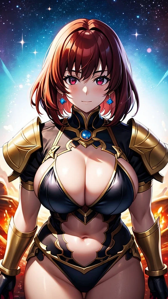 Close up portrait of woman in black bikini holding sword, knights of zodiac girl, portrait knights of zodiac girl, Woman with short red hair, Brown-eyed woman, Muscular woman, feminine and muscular, In garnet armor, Bikini Armor Girl, Woman in belly button costume, huge tit, with large breasts, oppai, seductive princess knight, Smooth Anime CG Art, Princess Knight, princess intergalactica, big muscle, Princess of Garnet, Garnet reflective armor, digital manga art, High quality anime art style,
