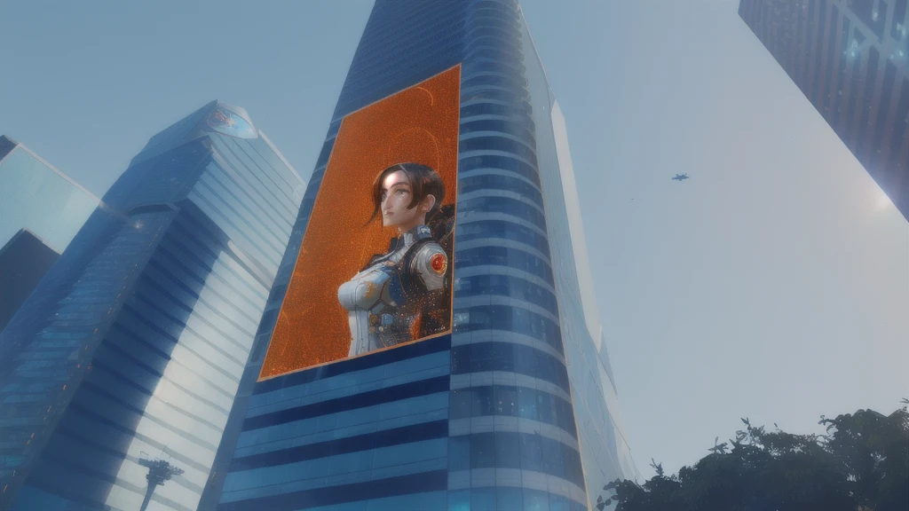there is a woman that is standing in a window of a building, chell from portal, chell, highly detailed giantess shot, extremely detailed giantess shot, megatall building, perched on a skyscraper, giantess, mirrors edge art style, overlaid with chinese adverts, corporate holograms, cyberpunk ads, sins inc skyscraper front, overwatch building