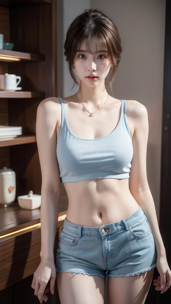 best quality, masterpiece, ultra high resolution, (Reality: 1.4), original photo, 1 woman, soft blue tank top, short pants,cinematic lighting, big soft breasts, exposed chest, short straight brown hair color, necklace, split, neon lights, inside, avoid burns skin 