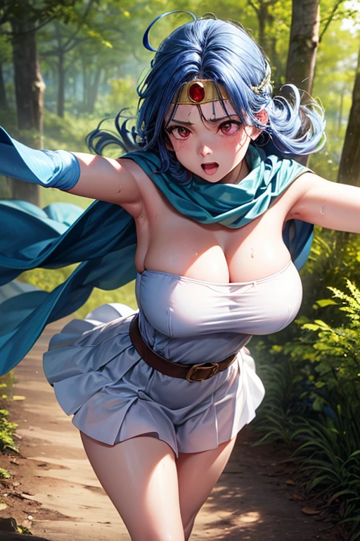 (Very detailed,Highest quality,4K,8K,16K,High resolution,masterpiece:1.2),(Perfect hands,Perfect Legs),(Realistic,photoRealistic,photo-Realistic:1.37),One Woman, Sage, Red eyes, Blue Hair, Long Hair, Ahoge, Circlet, White Dress, gloves, Blue Cape, Yellow footwear Beautifully detailed sweat glands,Smooth skin texture,Carefully drawn,

Lively expressions,(Big Breasts),Sticky with sweat,Use magic,In a dynamic pose,

Dragon Quest,Outdoor,forest