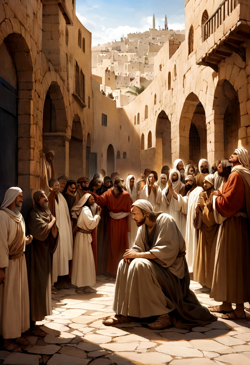 Create a detailed and inspiring illustration based on Luke 18:31-43. Depict Jesus Christ leading His disciples towards Jerusalem, explaining to them about His impending suffering, death, and resurrection. In the foreground, include a scene where a blind man, Bartimaeus, is sitting by the roadside, crying out to Jesus for mercy. Show Jesus stopping and healing the blind man, with the blind man's eyes being opened and his face filled with joy and awe. The background should reflect the ancient cityscape of Jerusalem, with a crowd of diverse people witnessing the miracle. Use a realistic and vibrant style to capture the emotion and significance of this biblical moment